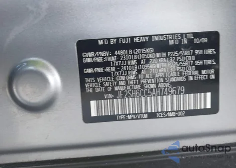 2010 Subaru Forester 2.5X Premium z USA, uszkodzony, nr VIN JF2SH6CC5AH749679